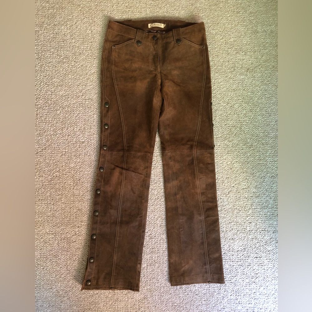 Suede Button-Trim Brown Women's Pants, Casch by Gro Abrahamsson